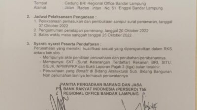 Pengumuman Lelang Terbuka Rencana Pekerjaan Pembangunan Gedung BRI Unit Bangun Rejo