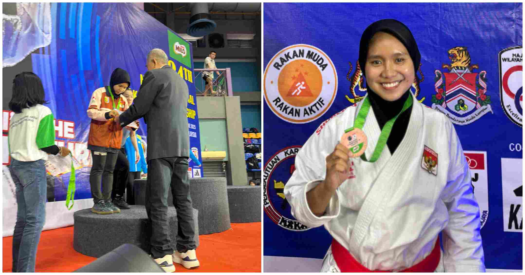 Dini Maharani saat menerima gelar juara dalam ajang bergengsi “Milo International Open Karate Championship 2025”, yang berlangsung di Titiwangsa Indoor Stadium, Kuala Lumpur, Malaysia, pada 19–22 Juni 2025.