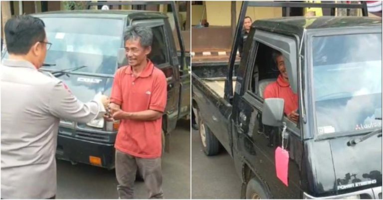 Kapolda Lampung Irjen Pol Helmy Santika, secara langsung menyerahkan satu unit mobil Mitsubishi L300 BE 8544 IQ, kepada Heri Juansyah, di Halaman Mapolda Lampung, Operasi Sikat Krakatau 2025, Senin 8 Agustus 2025.